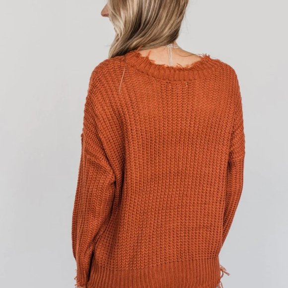 Shredded Sweater - Long Sleeve - V-Neck Lantern Sleeves - Distressed Look - Picture 6 of 11